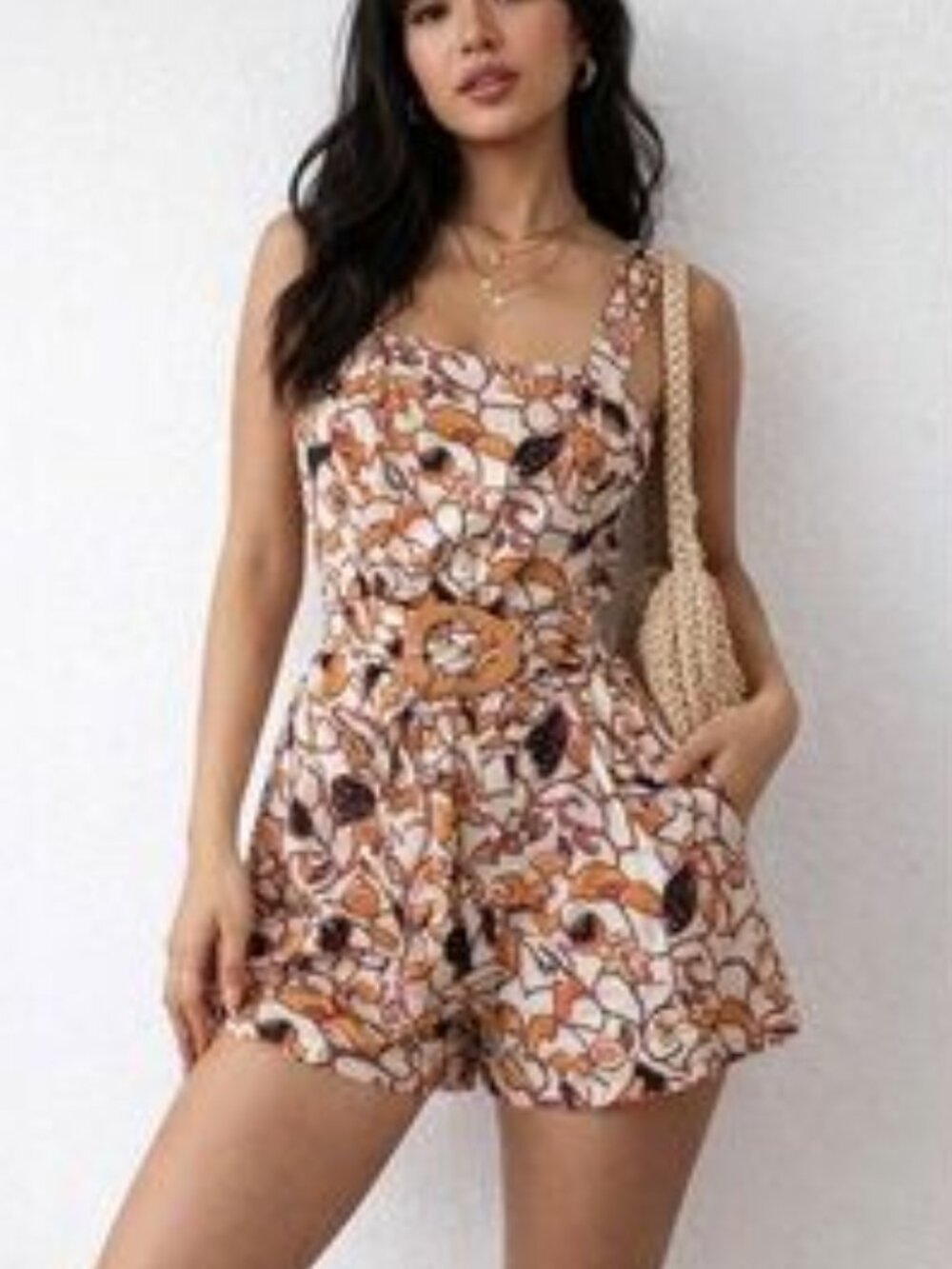 House of Harlow Floral Linen Belted Romper Retro 60s Linen Buckle Size 8